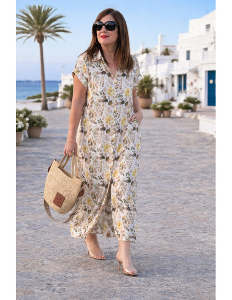 Vestido camisero largo tonos marrones y verdes