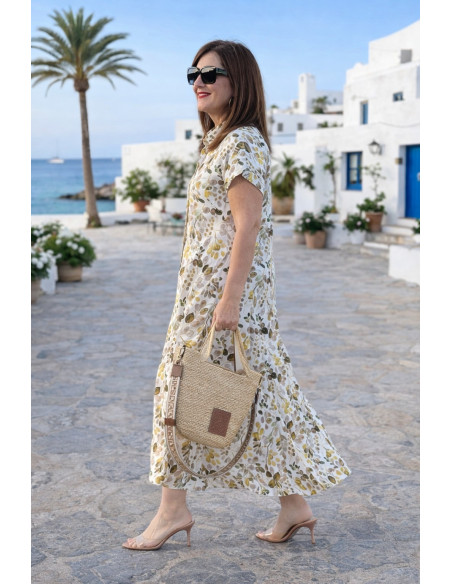 Vestido camisero largo tonos marrones y verdes