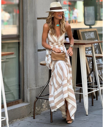 Vestido largo de rayas crudo y tostado 2