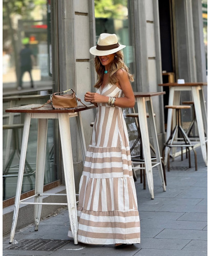 Vestido largo de rayas crudo y tostado