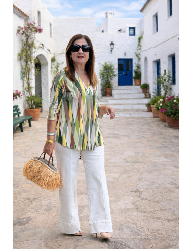 Blusa punto seda estampado geométrico verde