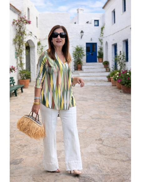 Blusa punto seda estampado geométrico verde