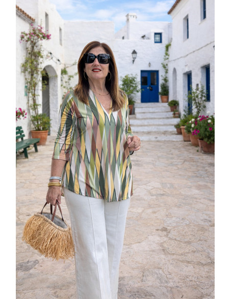 Blusa punto seda estampado geométrico verde