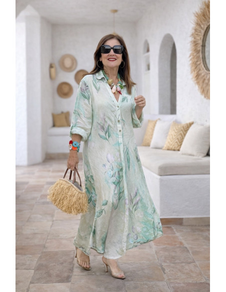 Vestido Lino Floral crudo