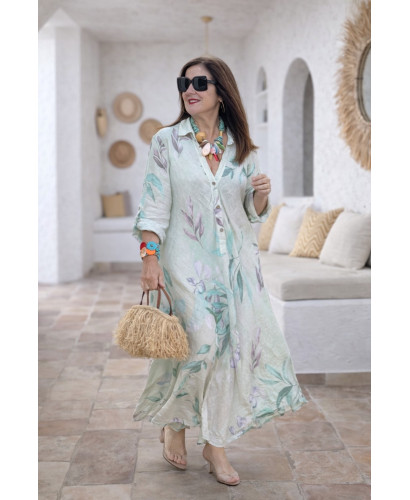 Vestido Lino Floral crudo