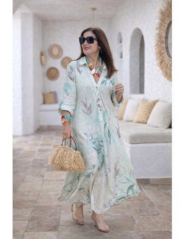 Vestido Lino Floral crudo