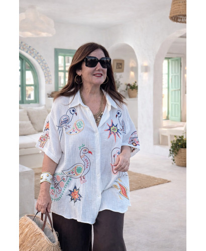 Camisa bambula bordada blanca