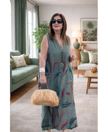 Vestido verde  lino estampado hojas 2