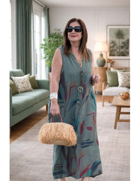 Vestido verde  lino estampado hojas