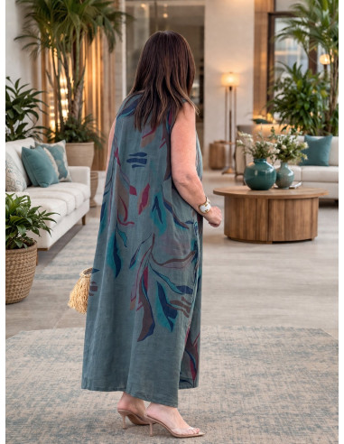 Vestido verde  lino estampado hojas