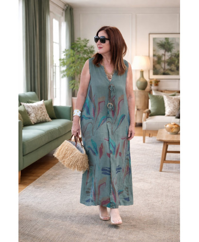 Vestido verde  lino estampado hojas