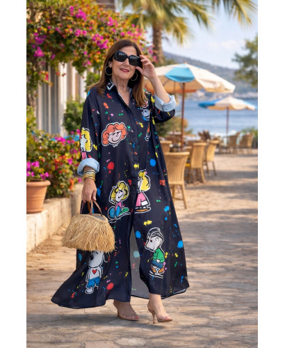 Vestido camisero estampado personajes negro