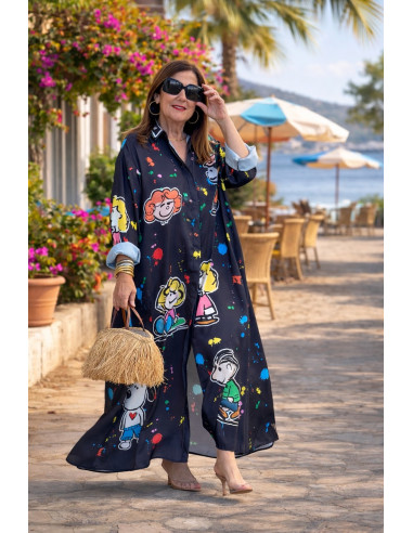 Vestido camisero estampado personajes negro