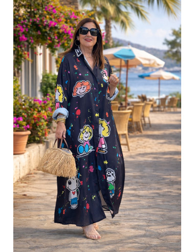 Vestido camisero estampado personajes negro