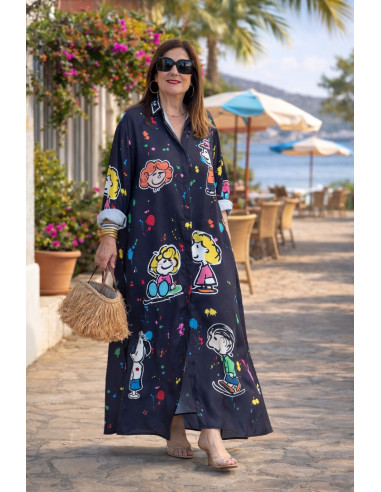 Vestido camisero estampado personajes negro