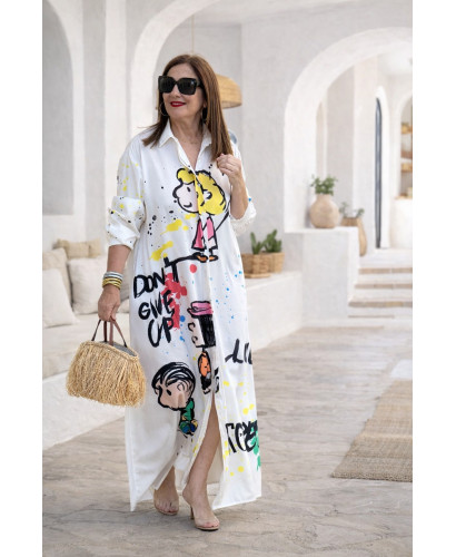 Vestido camisero estampado personajes blanco roto