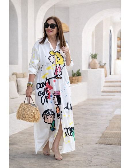 Vestido camisero estampado personajes blanco roto