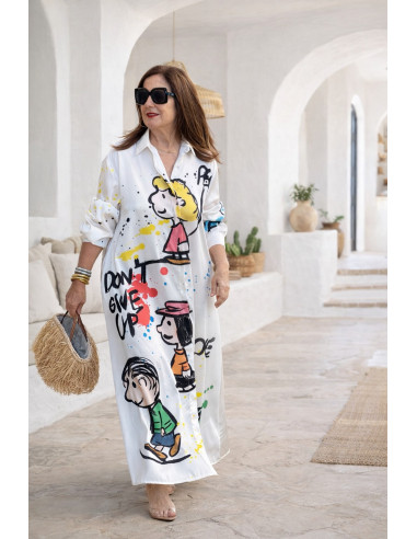 Vestido camisero estampado personajes blanco roto