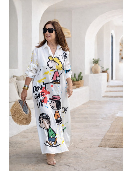 Vestido camisero estampado personajes blanco roto