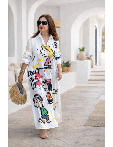 Vestido camisero estampado personajes blanco roto