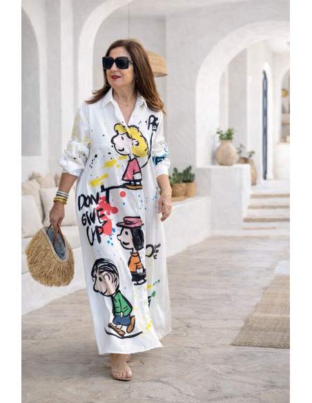 Vestido camisero estampado personajes blanco roto