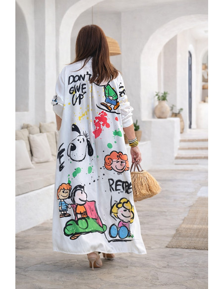 Vestido camisero estampado personajes blanco roto