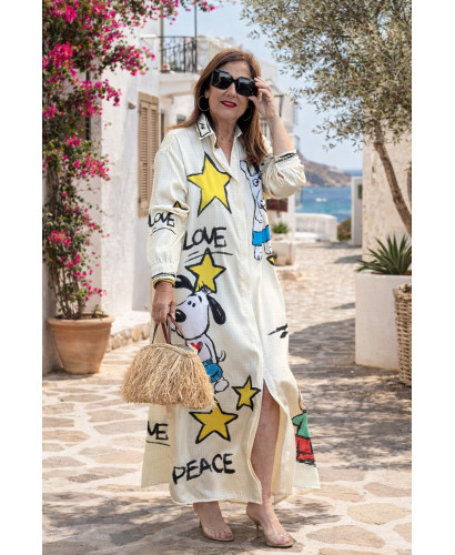 Vestido camisero estampado personajes vichy amarillo