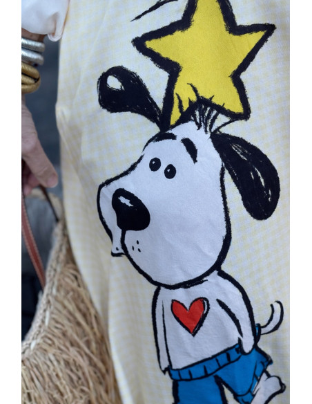 Vestido camisero estampado personajes vichy amarillo