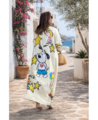 Vestido camisero estampado personajes vichy amarillo 2