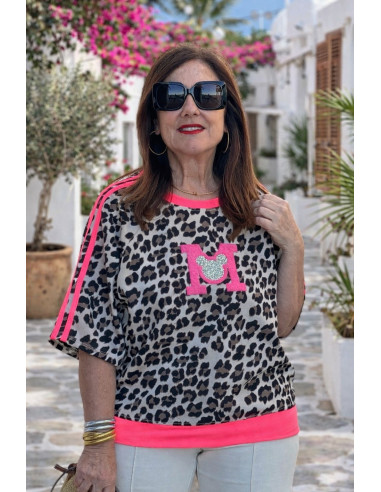 Camiseta animal print M strass rosa