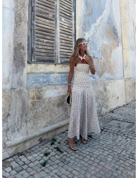 Vestido palabra de honor en tul con lunares crudo