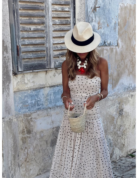 Vestido palabra de honor en tul con lunares crudo