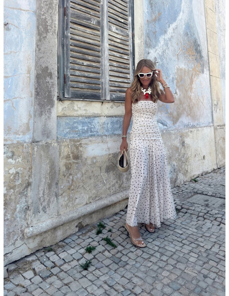 Vestido palabra de honor en tul con lunares crudo