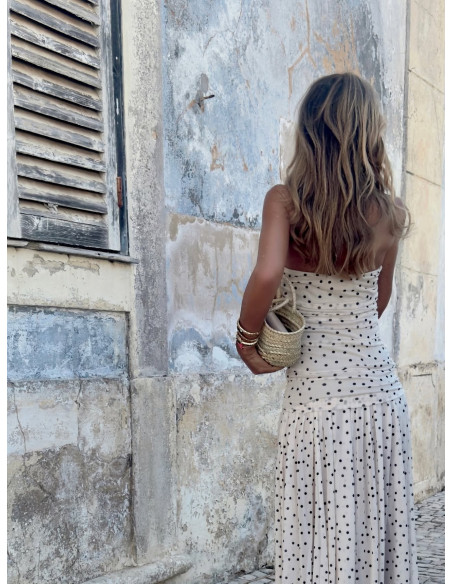 Vestido palabra de honor en tul con lunares crudo