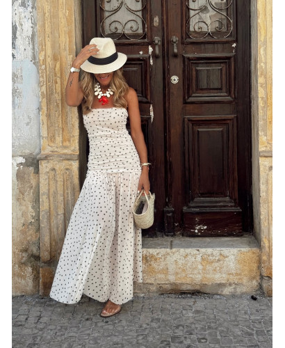 Vestido palabra de honor en tul con lunares crudo