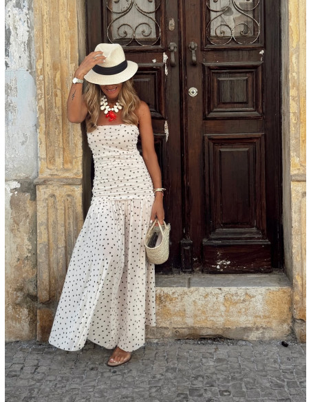 Vestido palabra de honor en tul con lunares crudo