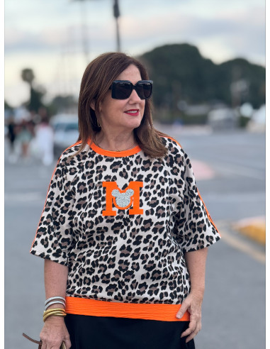 Camiseta animal print M strass naranja