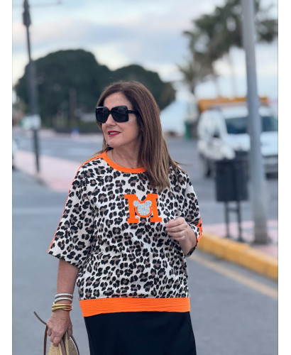 Camiseta animal print M strass naranja