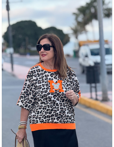 Camiseta animal print M strass naranja