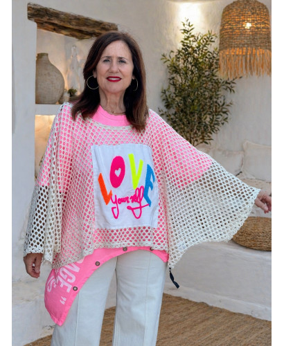 Suéter calado crudo Love flúor