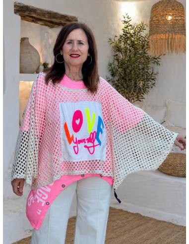 Suéter calado crudo Love flúor