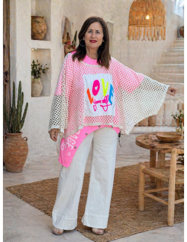 Suéter calado crudo Love flúor