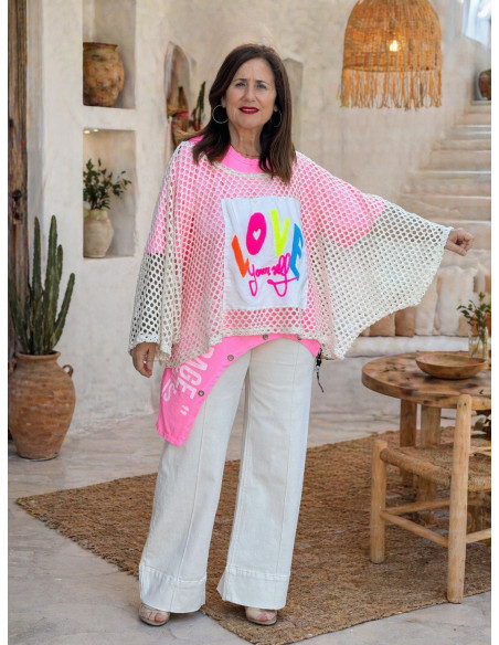 Suéter calado crudo Love flúor