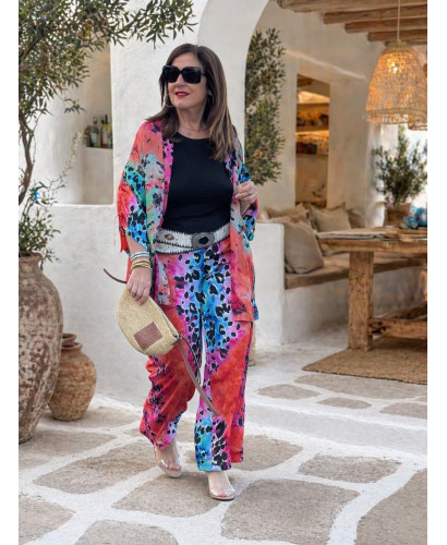Conjunto kimono y pantalón estampado efecto seda