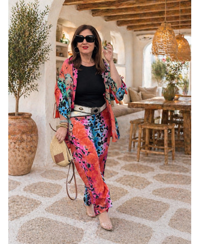 Conjunto kimono y pantalón estampado efecto seda 2