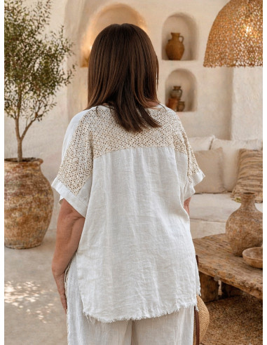 Conjunto lino bordado flor lentejuelas crudo