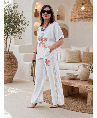 Conjunto lino bordado flor lentejuelas crudo 2
