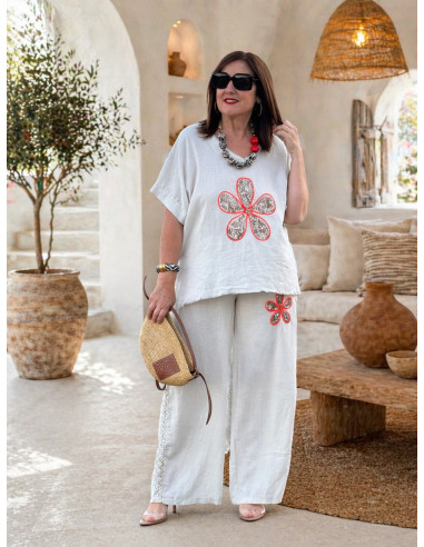 Conjunto lino bordado flor lentejuelas crudo