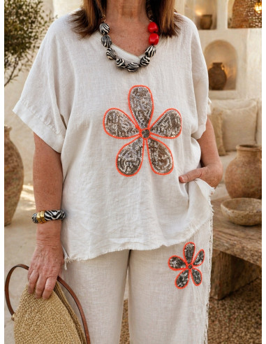 Conjunto lino bordado flor lentejuelas crudo