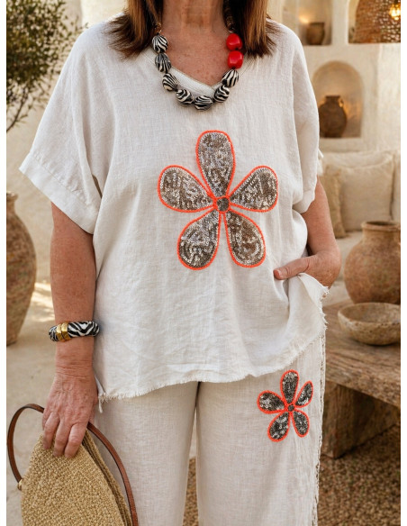 Conjunto lino bordado flor lentejuelas crudo